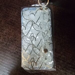 iPhone 15 Plus Case Clear Gold Hearts Wrist Strap Kickstand Glitter Bling